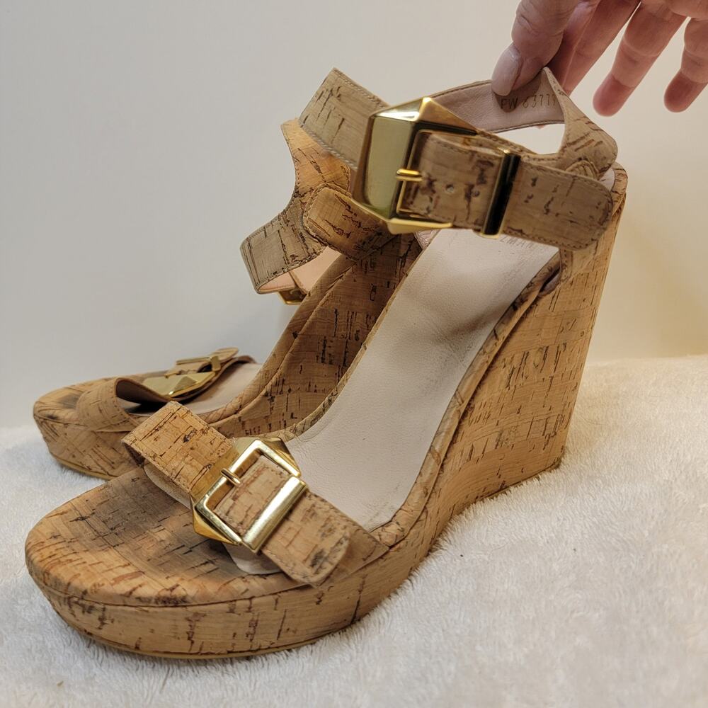 Stuart Weitzman Cork Wedge Heel Twofer Allover Sandals Platform 7.5 Gold Buckle